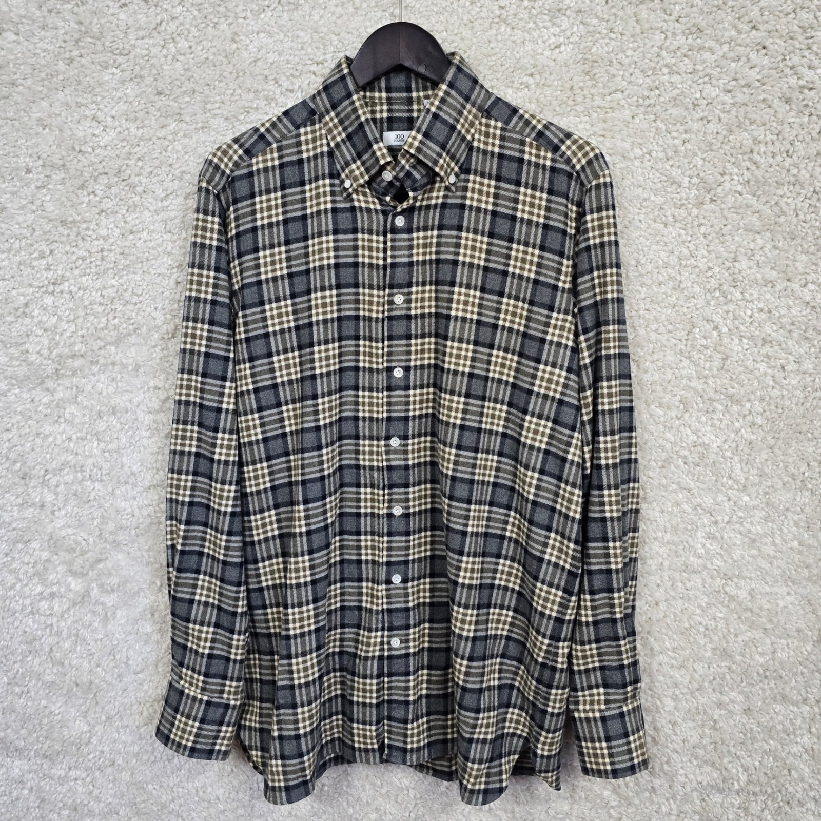 100 Hands Plaid Flannel Shirt Mens Large Grey Olive Handcrafted Dark Academia